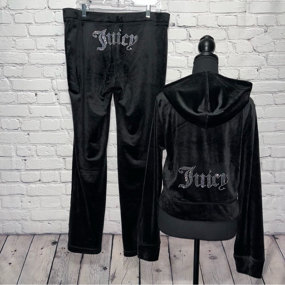 NWT Juicy Couture OG Y2K Black Velour Bling Tracksuit Set Hoodie and Pants Set